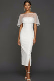 Satin White sHEATH Long Wedding Reception Dress with Cape