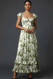 Green Floral A Line Maxi Wedding Guest Dress with Ruffles