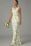 Green Floral Mermaid Cowl Neck Maxi Bridesmaid Dress