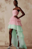 Pink and Green Tulle Tiered A Line Strapless High-Low Prom Dress with Ruffles