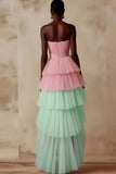 Pink and Green Tulle Tiered A Line Strapless High-Low Prom Dress with Ruffles