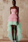 Pink and Green Tulle Tiered A Line Strapless High-Low Prom Dress with Ruffles