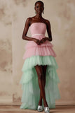 Pink and Green Tulle Tiered A Line Strapless High-Low Prom Dress with Ruffles