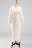Simple White Sheath Crew Neck Midi Engagement Dress with Sleeves