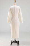 Simple White Sheath Crew Neck Midi Engagement Dress with Sleeves