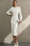 Simple White Sheath Crew Neck Midi Engagement Dress with Sleeves
