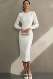 Simple White Sheath Crew Neck Midi Engagement Dress with Sleeves