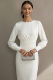 Simple White Sheath Crew Neck Midi Engagement Dress with Sleeves