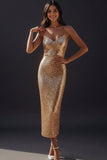 Sparkly Golden Sequin Spaghetti Straps Bodycon Midi Cocktail Dress