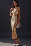 Sparkly Golden Sequin Spaghetti Straps Bodycon Midi Cocktail Dress