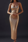 Sparkly Golden Sequin Spaghetti Straps Bodycon Midi Cocktail Dress