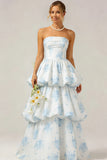 White Blue Flower Tiered Ruffled Long Bridesmaid Dress