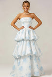 White Blue Flower Tiered Ruffled Long Bridesmaid Dress