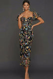 Floral Mauve Tulle Sheath Midi Wedding Guest Dress with Sleeves