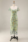 Floral Mauve Tulle Sheath Midi Wedding Guest Dress with Sleeves