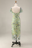 Floral Mauve Tulle Sheath Midi Wedding Guest Dress with Sleeves