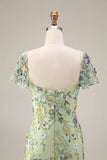 Floral Mauve Tulle Sheath Midi Wedding Guest Dress with Sleeves