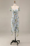 Mauve Floral Tulle Sheath Embroidered Midi Wedding Guest Dress with Sleeves