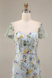 Mauve Floral Tulle Sheath Embroidered Midi Wedding Guest Dress with Sleeves