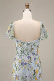 Mauve Floral Tulle Sheath Embroidered Midi Wedding Guest Dress with Sleeves