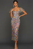 Floral Mauve Tulle Sheath Midi Wedding Guest Dress with Sleeves