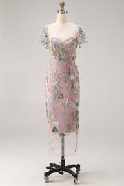 Mauve Floral Tulle Sheath Embroidered Midi Wedding Guest Dress with Sleeves
