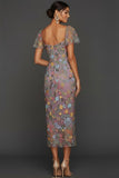 Floral Mauve Tulle Sheath Midi Wedding Guest Dress with Sleeves