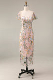 Floral Mauve Tulle Sheath Midi Wedding Guest Dress with Sleeves