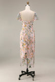 Floral Mauve Tulle Sheath Midi Wedding Guest Dress with Sleeves
