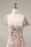 Floral Mauve Tulle Sheath Midi Wedding Guest Dress with Sleeves