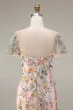 Floral Mauve Tulle Sheath Midi Wedding Guest Dress with Sleeves