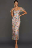 Floral Mauve Tulle Sheath Midi Wedding Guest Dress with Sleeves