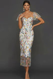 Floral Mauve Tulle Sheath Midi Wedding Guest Dress with Sleeves