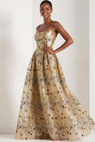 Floral Champagne Spaghetti Straps Long Wedding Guest Dress