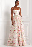 Floral Light Pink Spaghetti Straps A Line Long Wedding Guest Dress