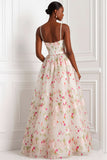 Floral Light Pink Spaghetti Straps A Line Long Wedding Guest Dress