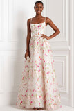 Floral Light Pink Spaghetti Straps A Line Long Wedding Guest Dress