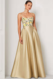 Floral Champagne Spaghetti Straps A Line Long Wedding Guest Dress
