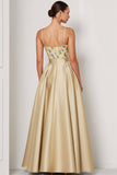 Floral Champagne Spaghetti Straps A Line Long Wedding Guest Dress