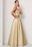 Floral Champagne Spaghetti Straps A Line Long Wedding Guest Dress