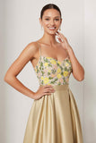 Floral Champagne Spaghetti Straps A Line Long Wedding Guest Dress