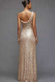 Sparkly Champagne Sequin One Shoulder Ruched Long Prom Dress with Slit