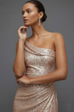 Sparkly Champagne Sequin One Shoulder Ruched Long Prom Dress with Slit