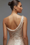 Sparkly Champagne Sequin One Shoulder Ruched Long Prom Dress with Slit