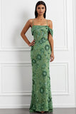 Floral Green Spaghetti Straps Long Corset Prom Dress with Embroidery