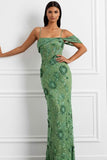 Floral Green Spaghetti Straps Long Corset Prom Dress with Embroidery