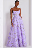 Floral Lilac Spaghetti Straps A Line Maxi Prom Dress