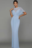 Leely Women Blue Mermaid Long Formal Dress with Belt Ruched Illusion Neck Wedding Guest Dress with Sleeves