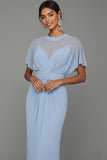 Blue Illusion Neck Mermaid Long Formal Dress with Belt