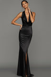 Black Cowl Neck Mermaid Satin Long Backless Formal Dress with Slit